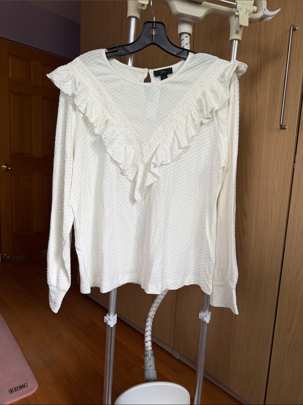 J. Crew Cream Ruffle V-Yoke Long Sleeve Top